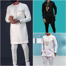 Mens 2Piece Suits Outfits Embroidered Pocket Tops Pants Man Sets African Ethnic Style Costume Male Clothing Traditional Wear 240220