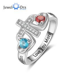 Rings Personalized Engraved Name Mother Ring with 2 Birthstone Customized Birth Stone Cross Rings for Women Christmas Gift for Grandma