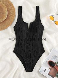 Women's Swimwear Sexy V Neck One Piece Swimsuit 2024 Women Solid Black Ribbed Tummy Control Brazilian Bathing Suit Backless MonokiniH24222