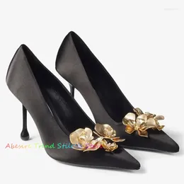 Dress Shoes Golden Flower Water Diamond Single Women's Pointed Black Silk Slim Heels Elegent High Heel Pumps Shallow Banquet