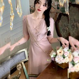 Party Dresses Pink V Neck Long Vintage Dress For Women Summer Elegant Midi Maxi Japanese Clothes Birthday Evening Clothing Fashion 2024
