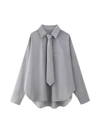 Women's Blouses Girls Elegant Preppy Style Loose Gray Shirt With Tie Spring Casual Office Striped Print Ladies Long Tops Oversize