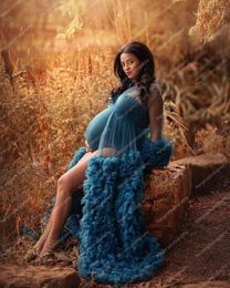 Casual Dresses Elegant Tulle Maternity Robes Long Sleeves Ruffles Pleated With Waistband Women Plus Size Pregnancy Po Shoot Gown