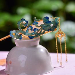 Jewelry Enamel auspicious cloud pearl tiara Court style hanfu accessories Ancient gold craft natural Hotan Jade hair jewelry for women