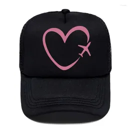 Ball Caps Travel Plane Heart Love Print Baseball Cap Funny Casual Men Women Parent-child Hats Mesh Visor Outdoor Sun Hat Adjustable