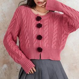 Women's Knits Puloru Retro Rose Flower Decor Knit Cardigans Women Crew Neck CLong Sleeve Button-Down Sweater Coat Casual Loose Outerwear