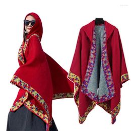 Scarves Women Hooded Coat Poncho Sweater Cape Vintage Floral Pattern Cardigan Shawl Wrap