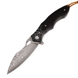 A2281 High End Flipper Knife VG10 Damascus Steel Blade Ebony with Stainess Steel Sheet Handle Ball Bearing Fast Open Pocket Knives with Leather Sheath