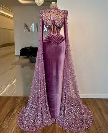 New Arrival Purple Velvet Long Prom Dress For Black Girls 2024 Beaded Birthday Party Mermaid Evening Occasion Gowns With Cap