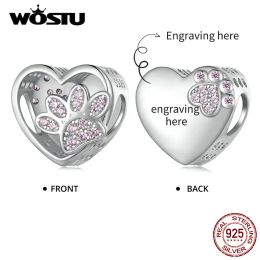 Lockets WOSTU 925 Sterling Silver Customizable Cute Pink Paw Print Bead Pendant For Bracelet & Necklace Original Engraving Jewellery Gift