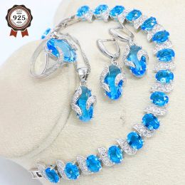 Sets Blue Stone Wedding 925 Silver Jewellery Set for Women with Bracelet Earring Necklace Pendant Ring Birthday Gift