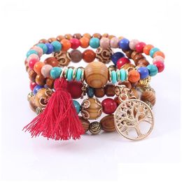 Beaded New Tree Life Charm Bracelet Wooden Bead Chain Bracelets For Women Men Handmade Fashion Rose Flower Alloy Strands Man Bohemian Dh3Y4