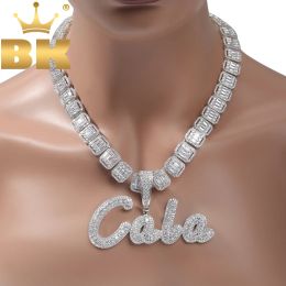 Necklaces the Bling King Custom Brush Script Letter Two Tone Pendant Micro Paved Cz Personalised Name Plate Necklace Hiphop Jewellery