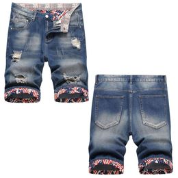 in Stock 2023 Summer New Worn-out Hole Men's Five Point Denim Shorts Trendy and Fashionable Straight Leg Mid Rise Pants