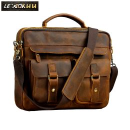 Backpack Men Quality Leather Antique Retro Business Briefcase 13" Laptop Case Attache Portfolio Bag One Shoulder Messenger Bag B207