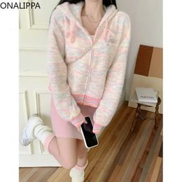 Onalippa Rainbow Colour Striped Cropped Cardigan Zip Up Contrast Sweet Hooded Knitted Cardigans Korean Slouchy Style Sweater 240219