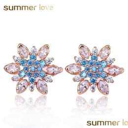 Stud Rose Gold Sier Colour Romantic Snowflake Flower Blue Crystals Clear Cz Stud Earrings For Women Boho Wedding Jewellery Exq Dhgarden Dhtpj