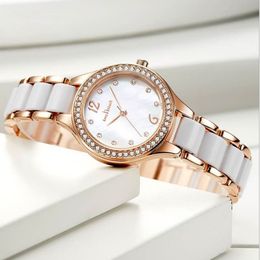 Newest Arrival Ceramic Quartz Movement Womens Watch Bracelet Diamond Shiny Ladies Watches Life Waterproof 7MM Thin Dial Wristwatch266h