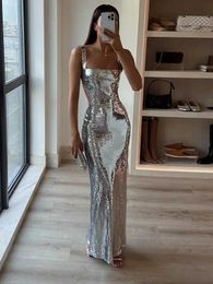 Basic Casual Dresses Solid color sequin See Through womens pendant dress sexy slim fit V-neck sleeveless dress elegant womens beach holiday long dress J240222