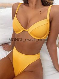 Women's Swimwear Ribbed V Shape Underwire Bikini 2022 Women Solid Yellow Push Up Bra Swimsuit High Cut Beach Bathing Suit SetH24222