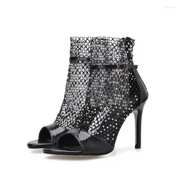 Sandals Fashion Woman Diamonds Mesh Breathable Ankle Buckle Strap Thin Heel Boots Sexy Peep Toe Fishnet High Heels Shoes