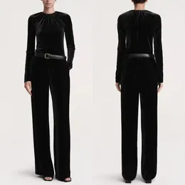 Women's Two Piece Pants Black Velvet Suit Women High Waist Wide Leg Long Or Pleated Round Neck Zipper Sleeve Blouse Female Elegant Set