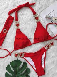 Women's Swimwear Sexy Rhinestones Bikini 2023 Mujer Women Solid Red Glitter Diamond Thong Metal Chain Bathing Suit Band 3 Piece SwimsuitH24222