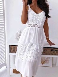 Basic Casual Dresses Bohemian Midi dress womens sexy backless dress summer spaghetti shoulder strap fashionable white lace patch work casual beach sleeveless dres