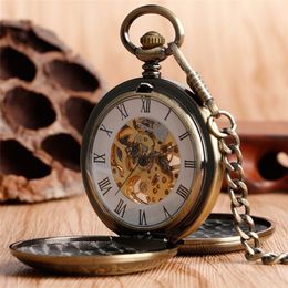Luxury Silver Bronze Golden Pocket Watch Vintage Skeleton Hand Winding Mechanical Watches Double Hunter Case FOB Pendant Chain2894