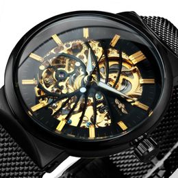 Ultra Thin Automatic Mechanical Watch Men Gold Bird Pattern Design Mesh Strap Skeleton Wrist Wristwatches2211