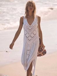 Basic Casual Dresses Knitted beach dress sleeveless womens crochet top V-neck solid Tunic beach suit summer swimsuit 2022 new swimsuit hot selling J240222