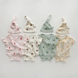 Summer Baby Romper Triangle Bodysuit Short Sleeve Jumpsuit Cartoon Print OnePieces Free Hat Clothing Sets Kimono 240220