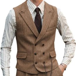 Men Vest Brown Suede Leather Gentleman Business Waistcoat Vintage Regular Slim Business Banquet Men Suit