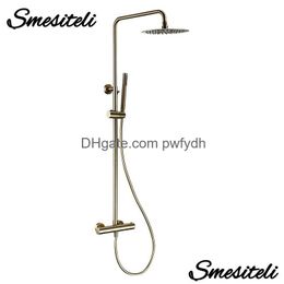Bathroom Shower Heads Thermostatic Set Brushed Gold Faucet Brass Temperature System Mixer Tap Rain Head Wall Mount Handheld Sprayer Dh49Z