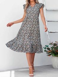 Basic Casual Dresses Flower printed long skirt for women retro elegant and casual Bohemian sun skirt for women summer Vneck long sleeved beach dress for wo J240222