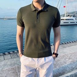 Men's T Shirts Comfortable Breathable Tight Knitted Striped T-shirt Men Casual Streetwear Polo Solid Colour Short-sleeve Bottoming Tees