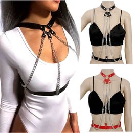 Abbigliamento da palco Accessori per la danza Goth Punk Reggiseno in pelle Imbracatura Cintura con spada Catena di metallo Crop Top Scava fuori Party Cosplay Abbigliamento Halloween Regola le cinghie Donna