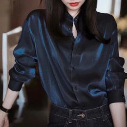 Long Sleeve Standup Collar Shirt Office Ladies Chic Buttons Women Blouses Solid Tops Highend Luxury Designer Clothing 240220
