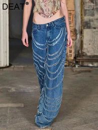 Women's Jeans DEAT Fashion Denim Pant High Waist Zip Fly Hollow Out Straight Wide-leg Floor-length Blue Summer 2024 17A9121