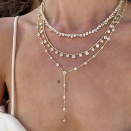 Necklaces 2024 Luxury Round Water Drop Stone Pendant Tennis Chain Jewellery 5A Cubic Zirconia Bling Long Y Lariat Sexy Women Choker Necklace