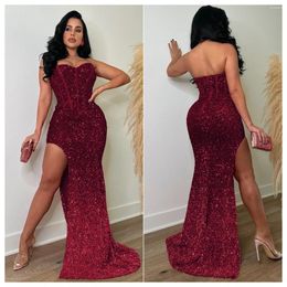 Casual Dresses Women Sequined Strapless Tunic High Side Split Bodycon Midi Maxi Dress 2024 Street Sexy Club Even Party Vestidos
