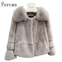 Fur 2020 New Women Winter Rex Rabbit Fur Jackets Short Lady's Warm Real Fur Coats Fox Fur Collars Whole SKin Fur Clothings Outwear