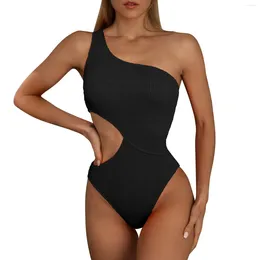 Women's Swimwear Swimsuit 2024 Beach Outfits Solid Ruffle Sexy One Shoulder Waist Cutout Women Bikinis Sets