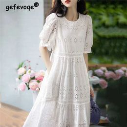 Basic Casual Dresses Womens clothing retro hollow lace embroidery elegant party dress summer simple casual short sleeved white beach midi dress J240222