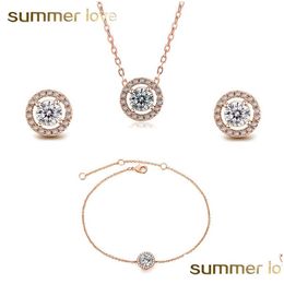 Pendant Necklaces Newest Zircon Round Rose Gold Sier Charm Necklace Bracelet Earring Jewelry Set For Wedding Women Girls Nat Dhgarden Dhbjz