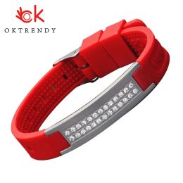 Bracelets OKtrendy Stainless Steel Bracelet Men Wrist Band Red Silicone Sport Wristband Bangle Magnetic Health Weight Loss Power Bracelets