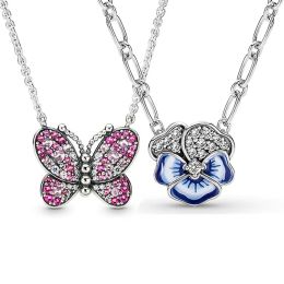 Sets Dazzling Blue Pansy Flower Dazzling Pink Butterfly Pendant 925 Sterling Silver Necklace For Europe Bead Charm DIY Jewellery