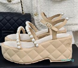 Designer -Pearl Wedges High Heel Shoes Women Sandals Buckle Strap Height Sandales Female Pumps