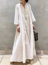 Basic Casual Dresses Womens cotton linen beach long dress white Vneck embroidered dress casual long dress womens oversized lace dress womens loose fitti J240222