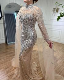 2024 Luxury Dubai Mermaid Evening Pageant Dress Cape Sleeve Beads Sequins Women Engagement Prom Formal Gowns Champagne Robe De Soiree Vestidos De Fiesta